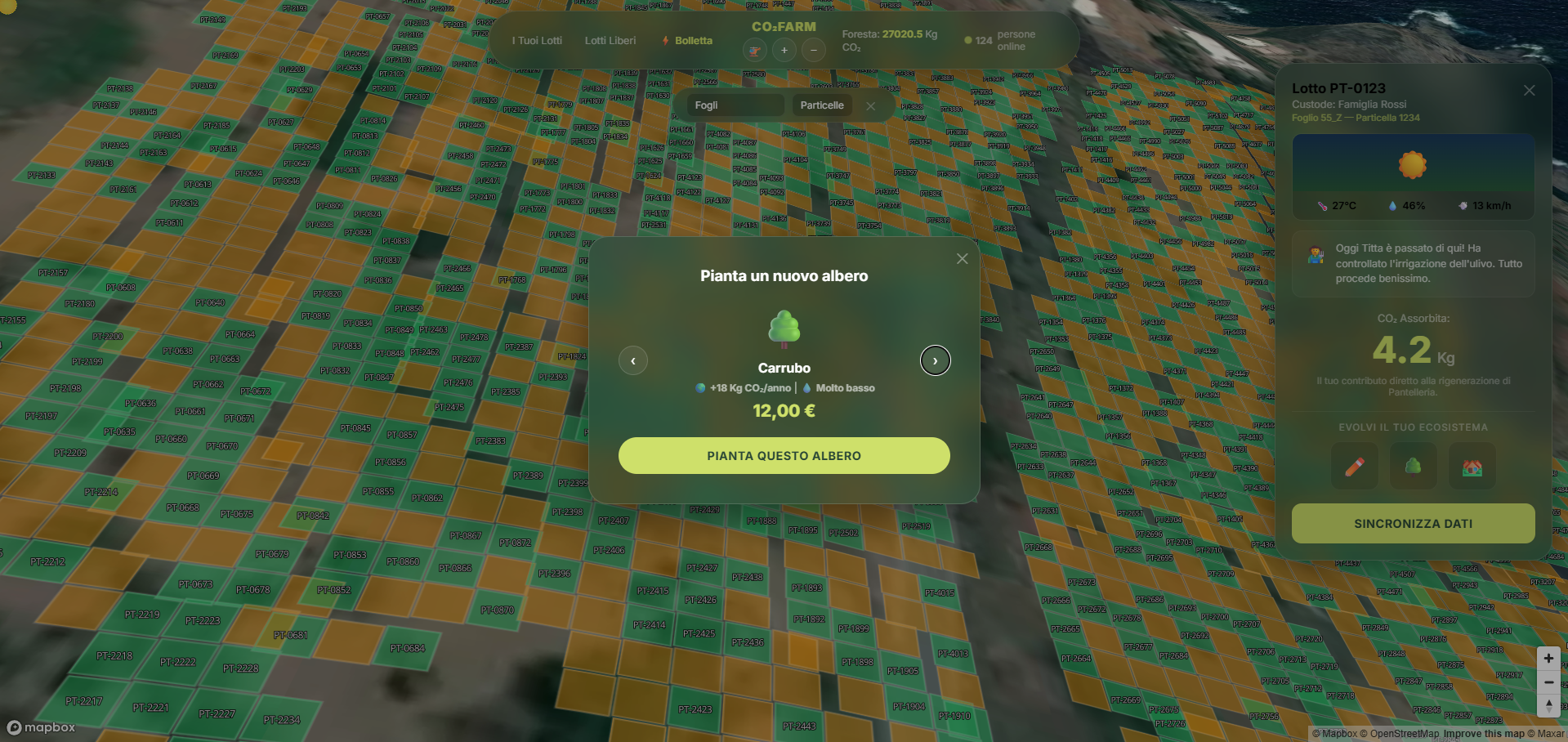 L'interfaccia della E-Forest: la mappa dei lotti con il pannello del lotto e la piantumazione di un nuovo albero