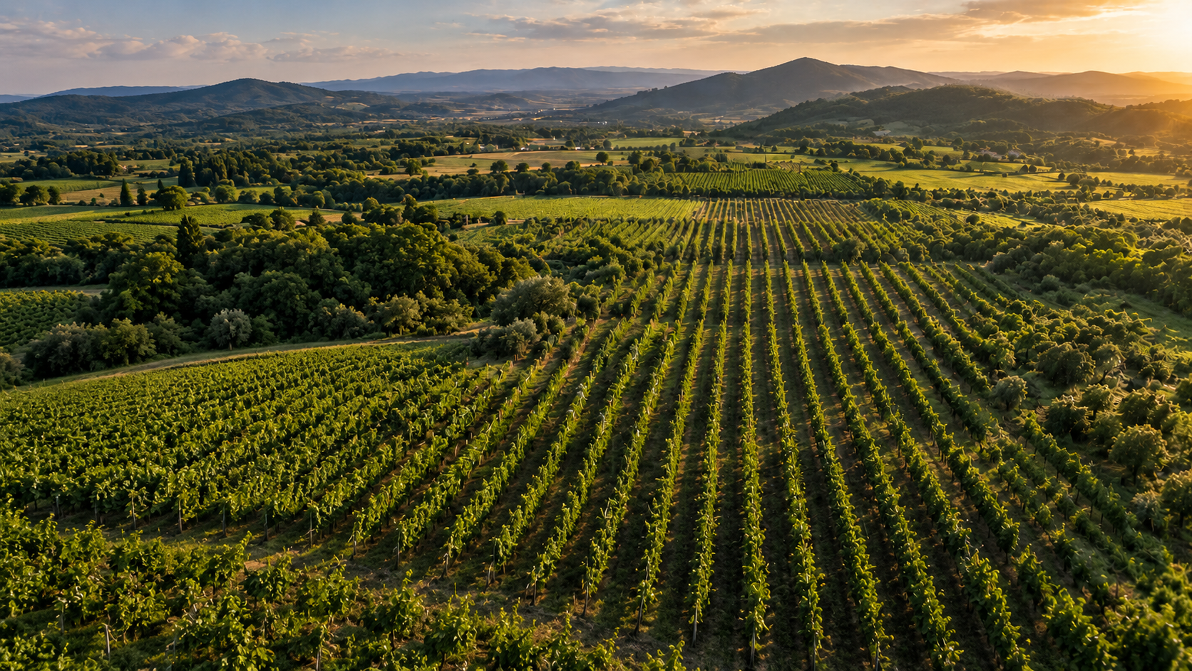 Campagna coltivata nel piacentino al tramonto